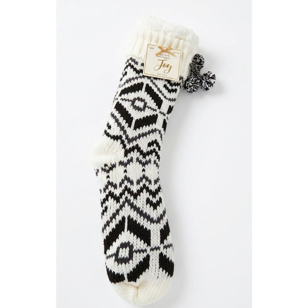 Black And White  Slipper Socks With Pom Poms Slip Gaurds